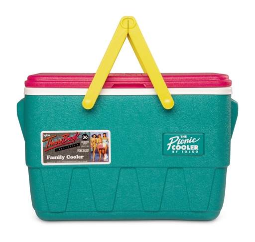 [00048537] IGLOO-Retro Jade 25 Qt Lunch Picnic Basket Cooler - Dark Jade /Bold Magenta /Livewire Yellow
